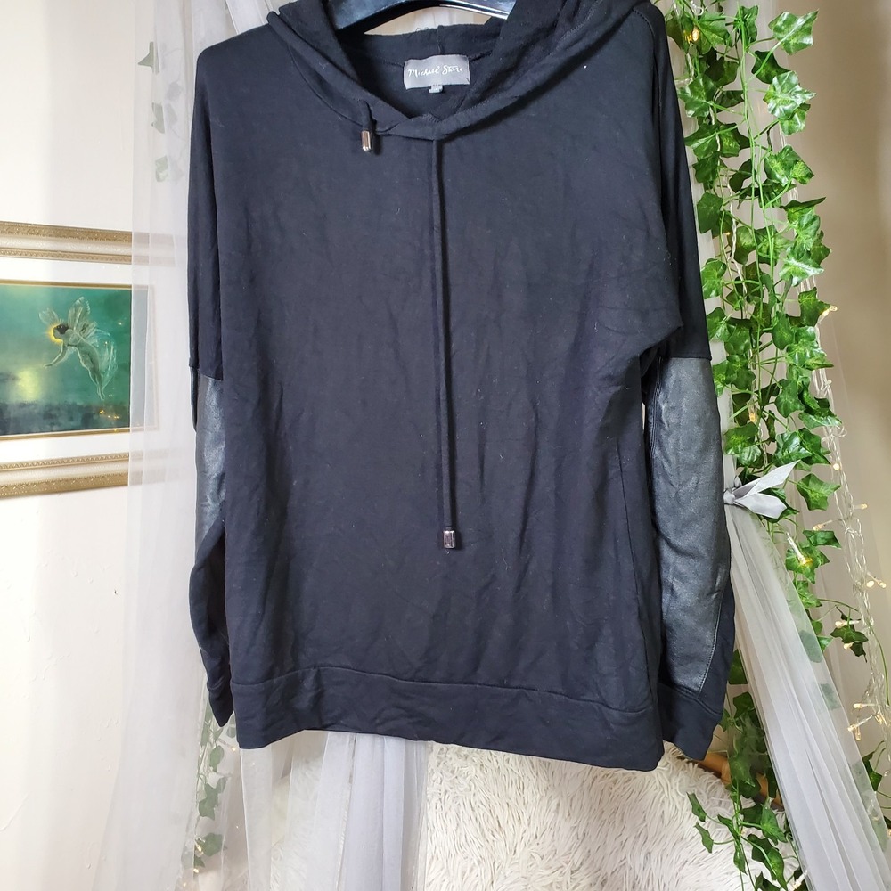 Michael‎ Stars Los Angeles Hoodie Size S Black Faux Leather Sleeves Pullover